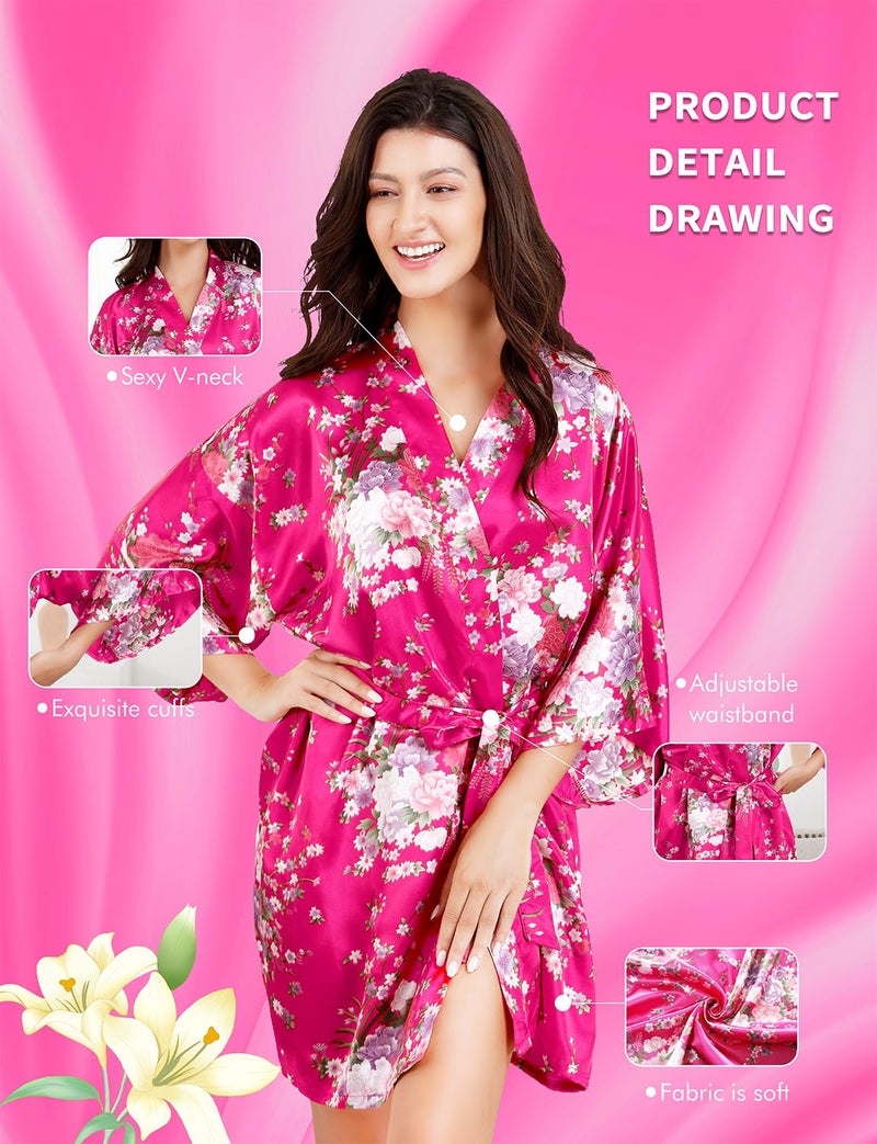 EPLAZA Women Floral Satin Robe Bridal Dressing Gown Wedding Bride Bridesmaid Kimono Sleepwear (Rose, Small-Medium) - Image 3